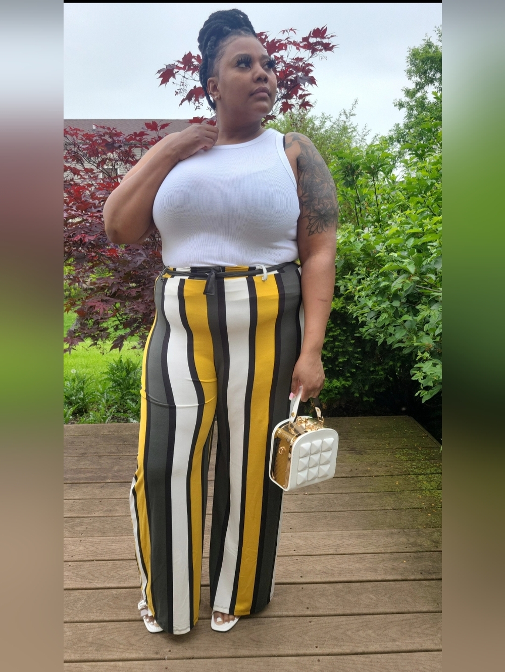 Wide-Leg High-Waist Striped Pants in Yellow, Black & White